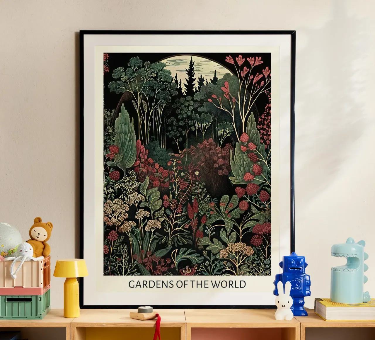 Giardini del mondo, Vintage Art Nouveau, Rosso botanico poster con telaio in legno da Peaches Art Prints