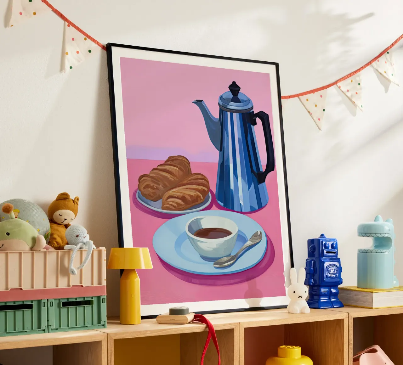 Moka Pot Coffe and Croissants Painting poster con telaio in alluminio da Peaches Art Prints