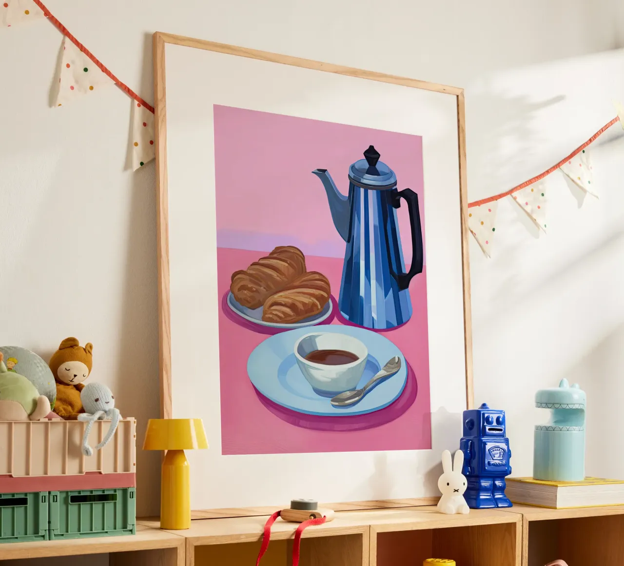 Moka Pot Coffe and Croissants Painting poster con telaio in alluminio da Peaches Art Prints