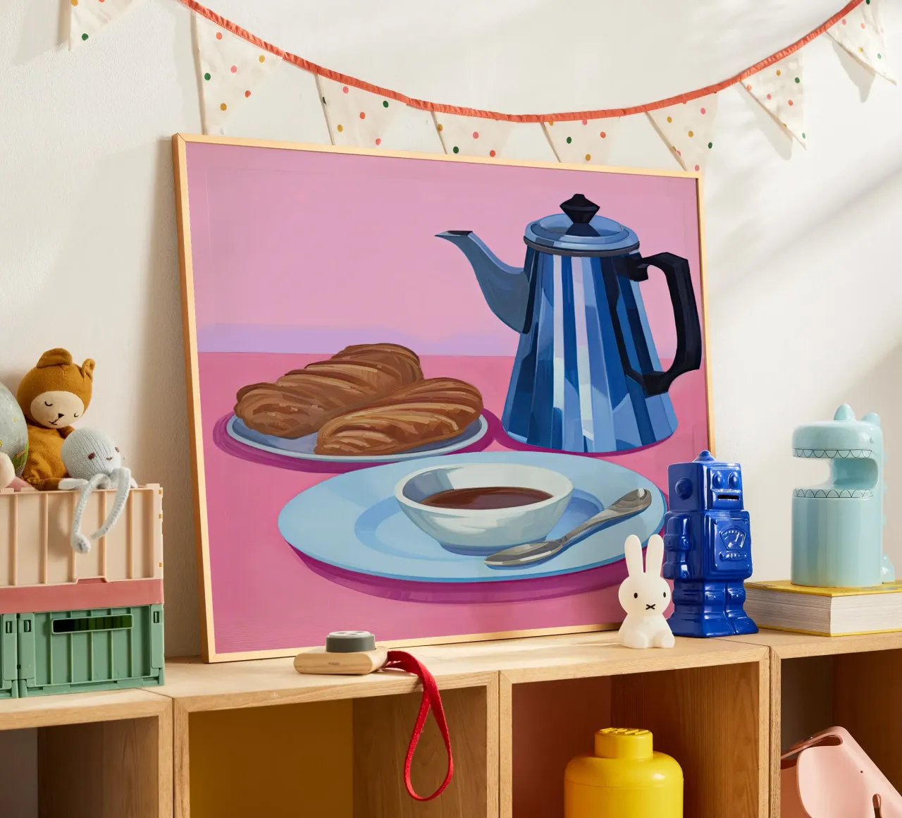 Moka Pot Coffe and Croissants Painting poster con telaio in alluminio da Peaches Art Prints