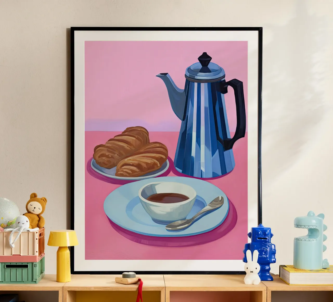 Moka Pot Coffe and Croissants Painting poster con telaio in alluminio da Peaches Art Prints