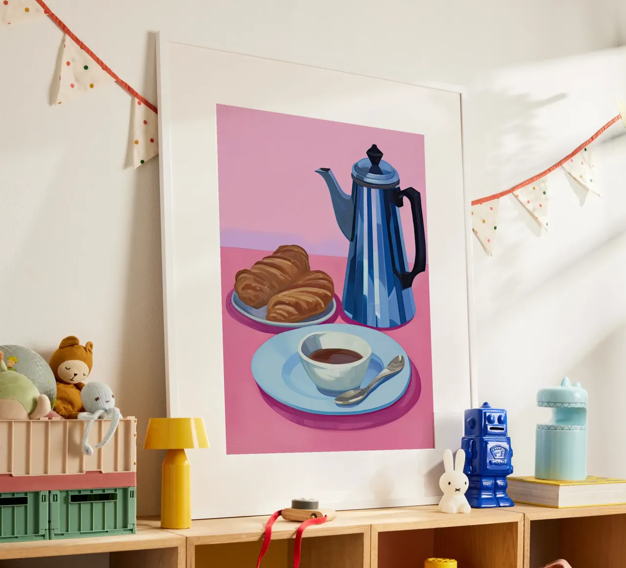 Moka Pot Coffe and Croissants Painting poster con telaio in alluminio da Peaches Art Prints