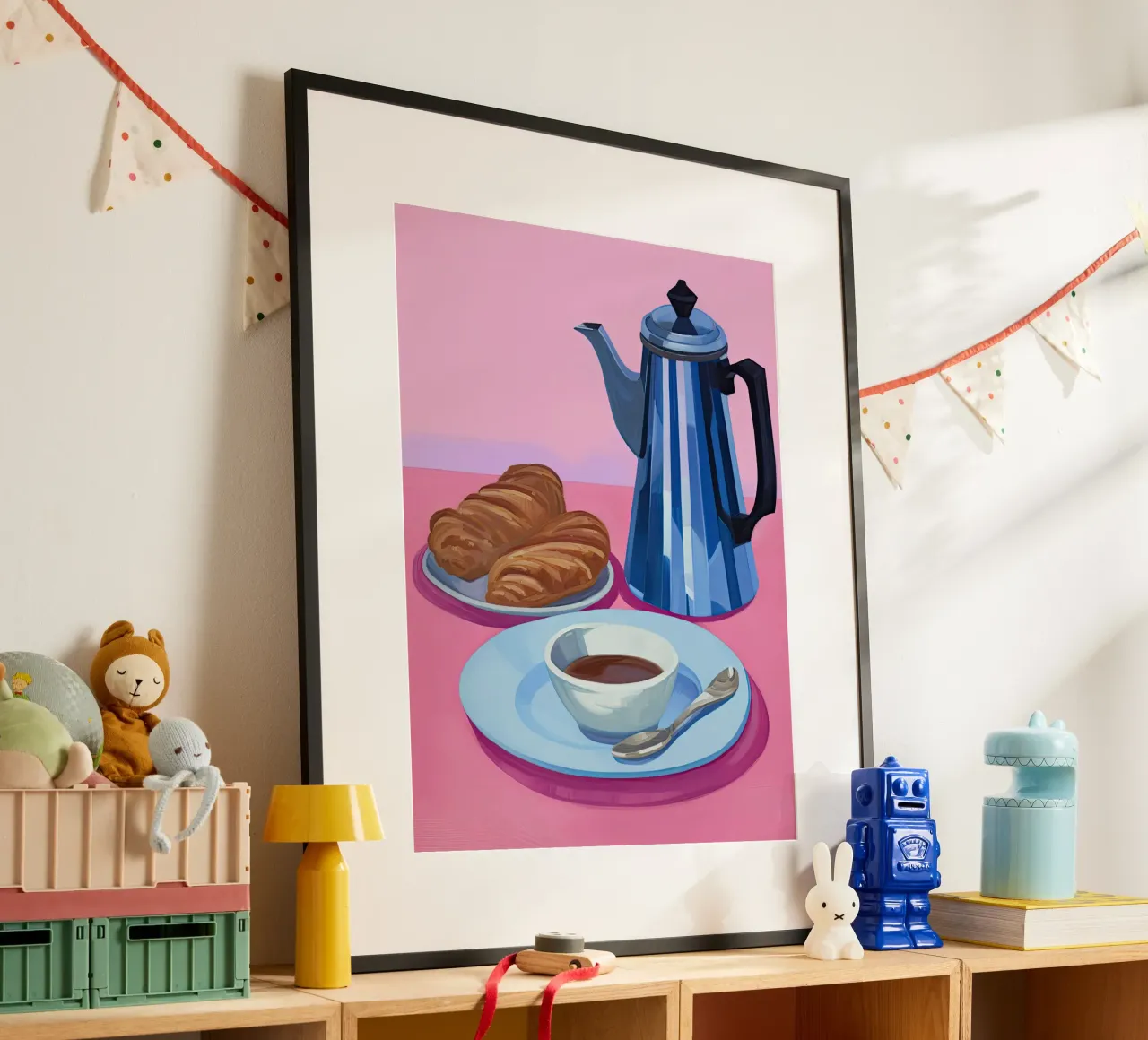 Moka Pot Coffe and Croissants Painting poster con telaio in alluminio da Peaches Art Prints