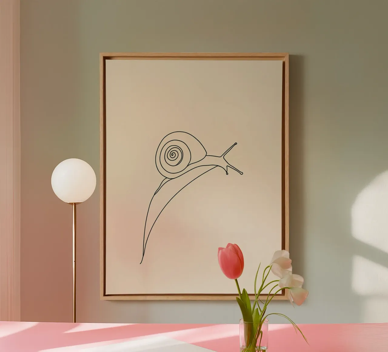 Snail on Leaf Minimalist Line Art Drawing canvas with Floater frame by Viv Line Art