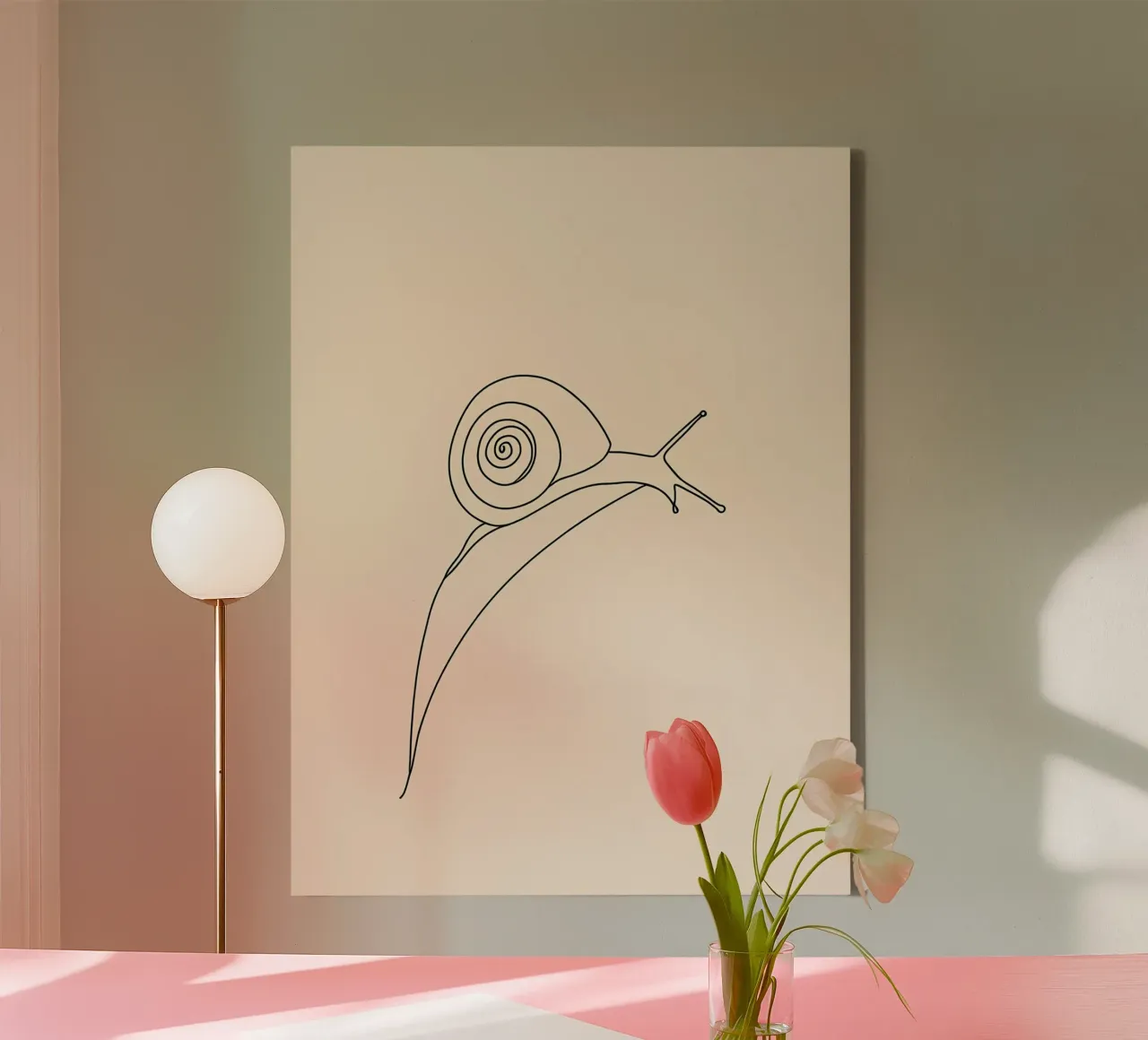 Snail on Leaf Minimalist Line Art Drawing canvas with Floater frame by Viv Line Art