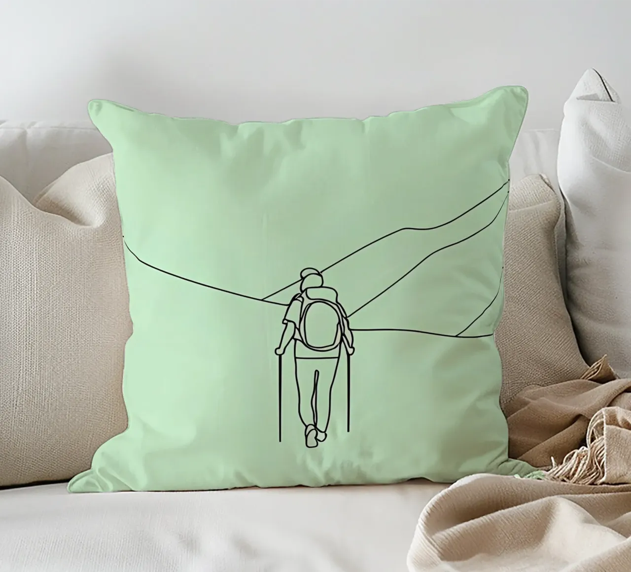 Hiker in Mountain Minimalist Line Art decorative cushion by Viv Line Art