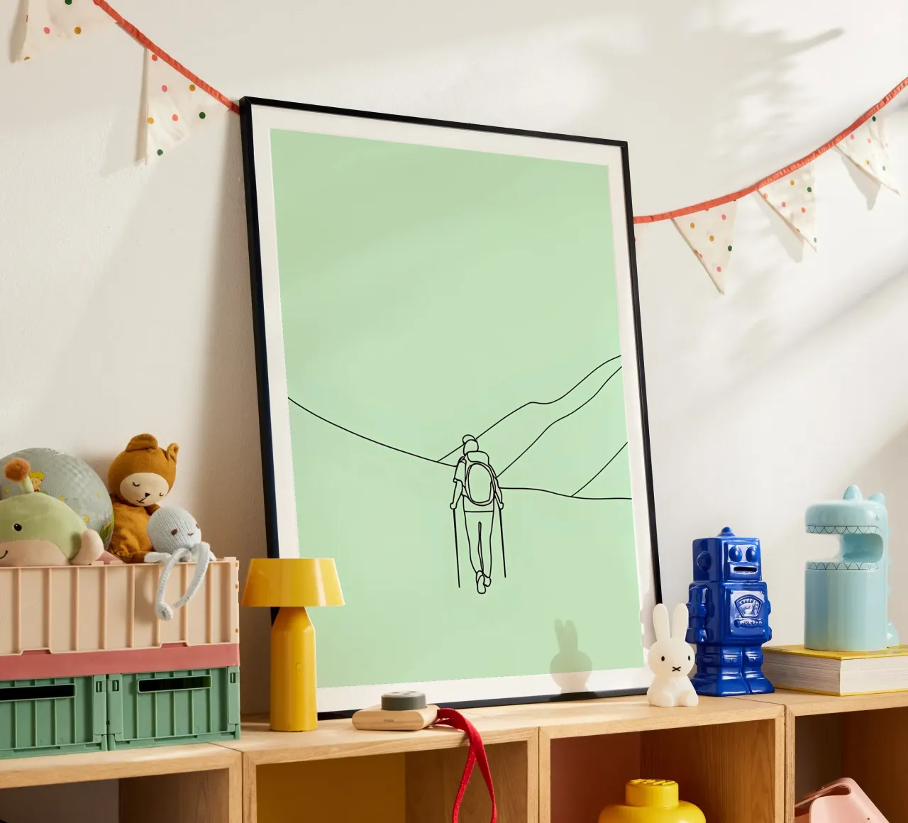 Hiker in Mountain Minimalist Line Art poster with wooden frame by Viv Line Art