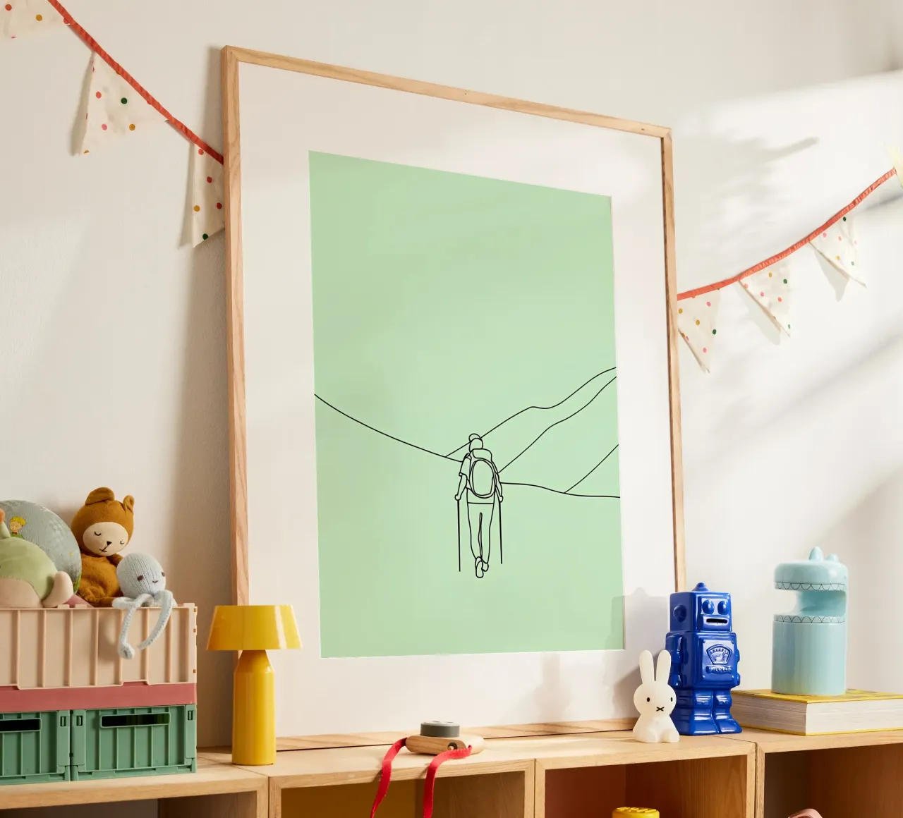 Hiker in Mountain Minimalist Line Art poster with wooden frame by Viv Line Art