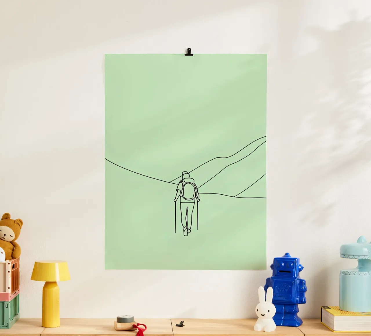 Hiker in Mountain Minimalist Line Art poster with wooden frame by Viv Line Art