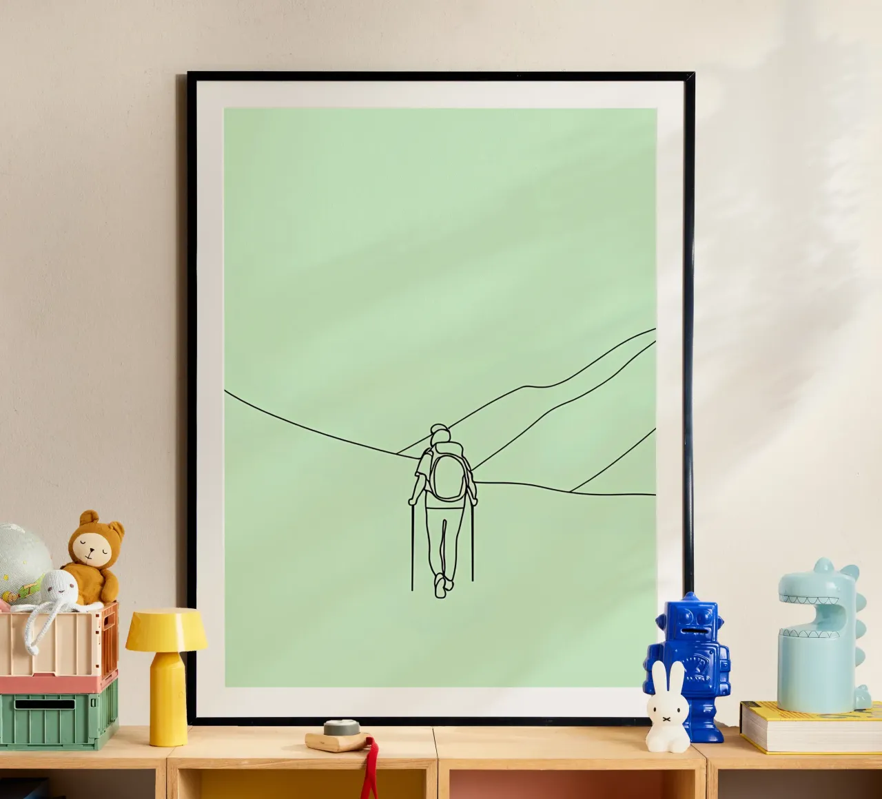 Hiker in Mountain Minimalist Line Art poster with wooden frame by Viv Line Art