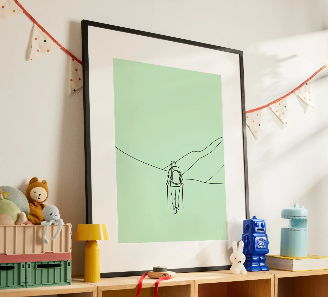 Hiker in Mountain Minimalist Line Art poster with wooden frame by Viv Line Art