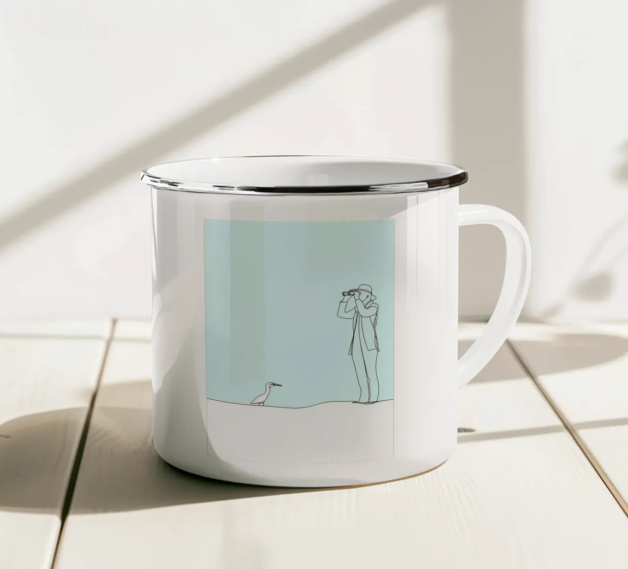 Linea d'arte minimalista dell'osservatore di uccelli tazza in smalto da Viv Line Art