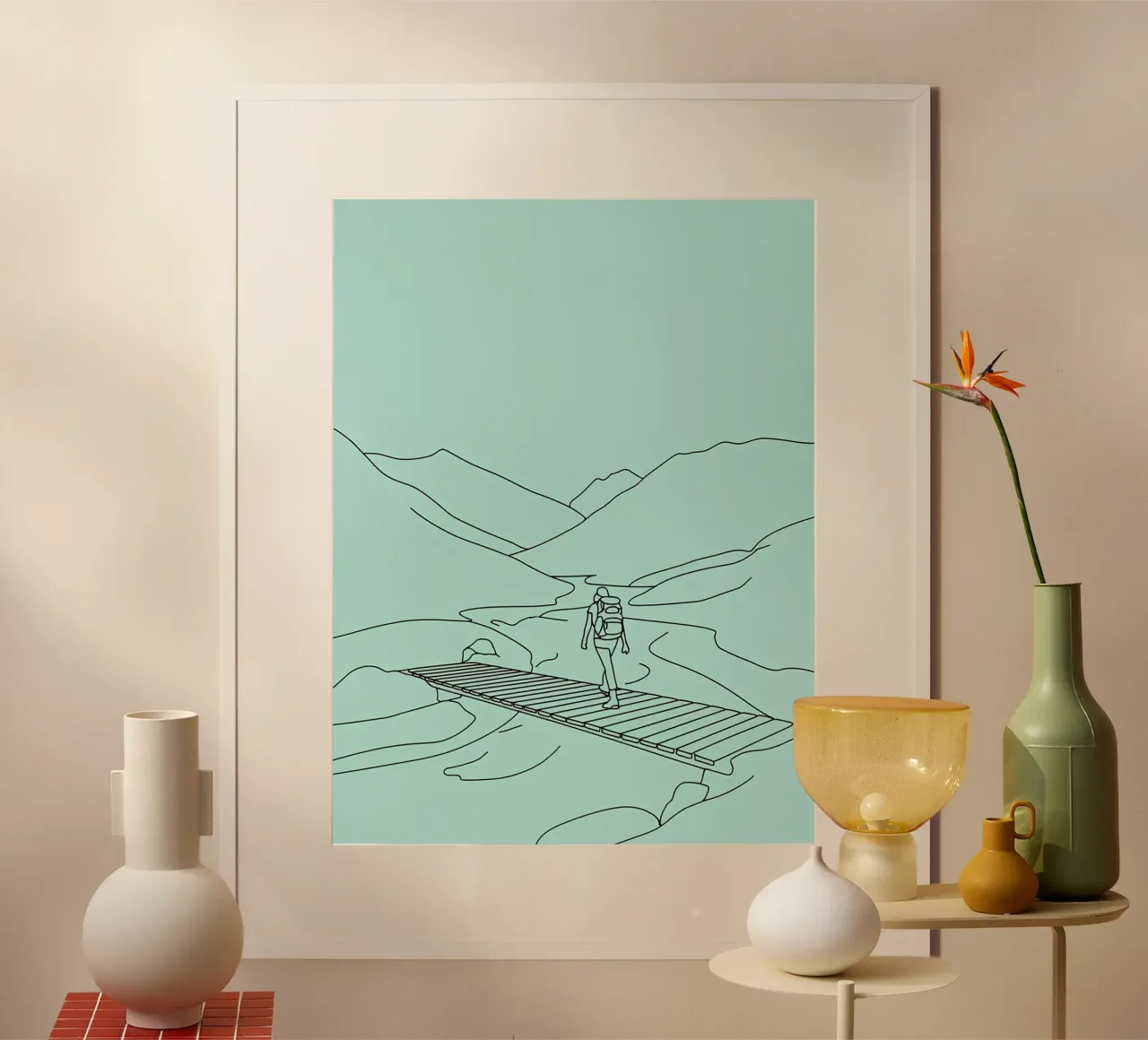 Ponte dell'escursionista che cammina Line Art minimalista poster con telaio in alluminio da Viv Line Art