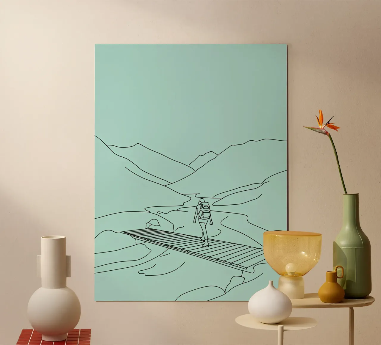 Ponte dell'escursionista che cammina Line Art minimalista poster con telaio in alluminio da Viv Line Art