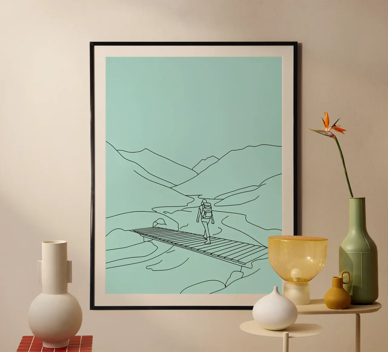 Ponte dell'escursionista che cammina Line Art minimalista poster con telaio in alluminio da Viv Line Art