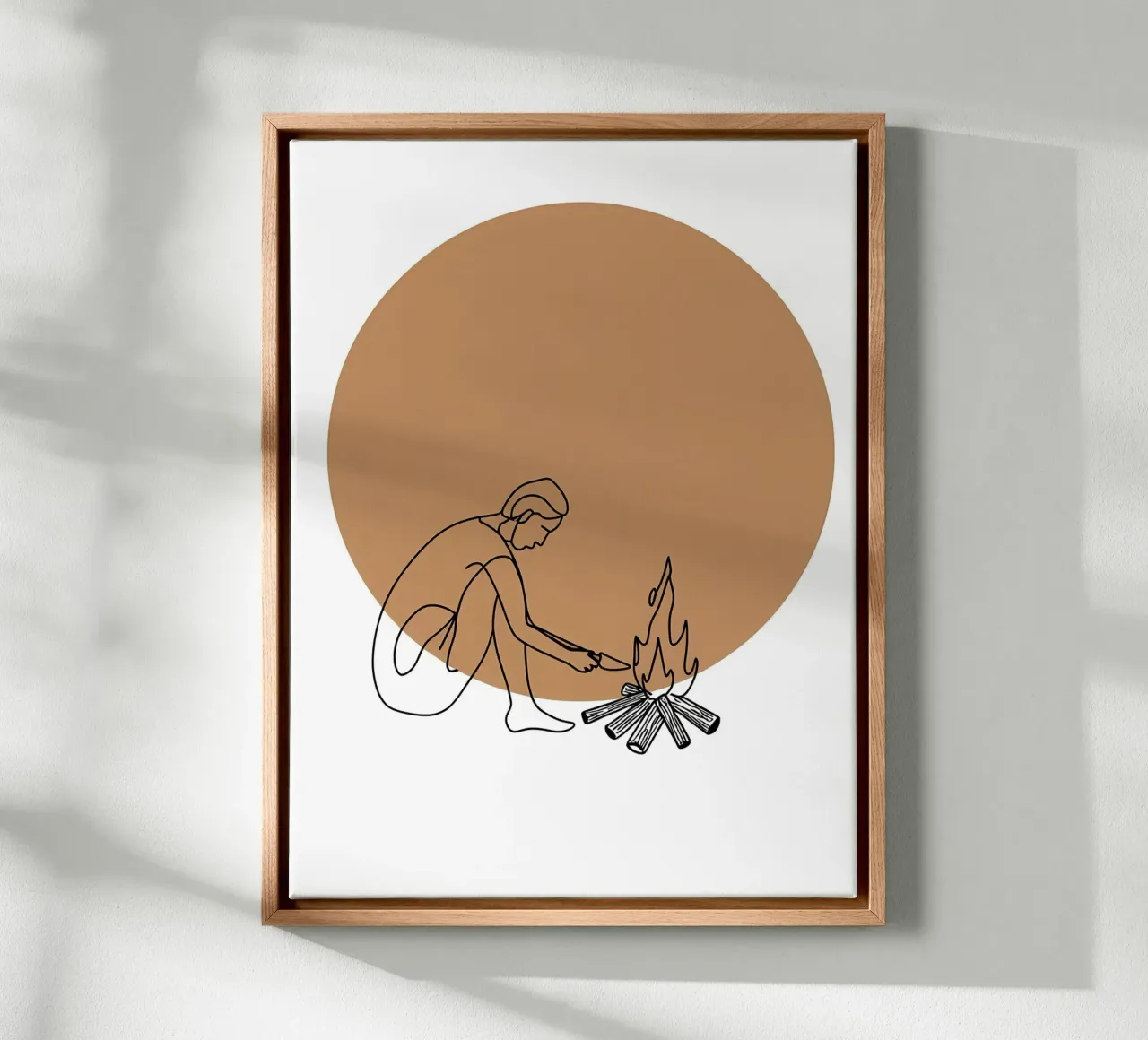 Person am Lagerfeuer sitzend Minimalist Line Art Leinwand mit Schattenfugenrahmen von Viv Line Art