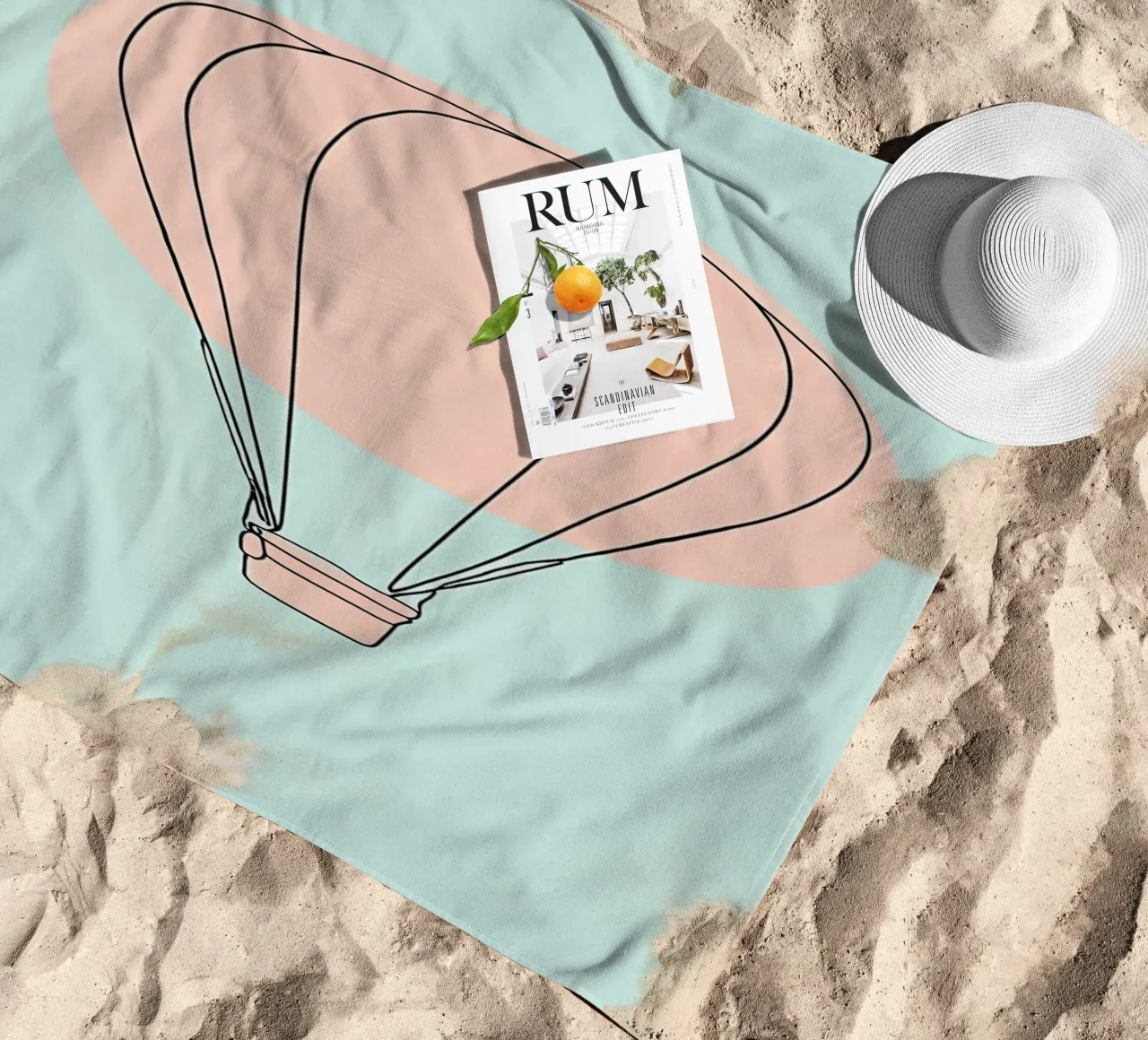 Hot Air Balloon Minimalist Line Art Drawing beach towel by Viv Line Art
