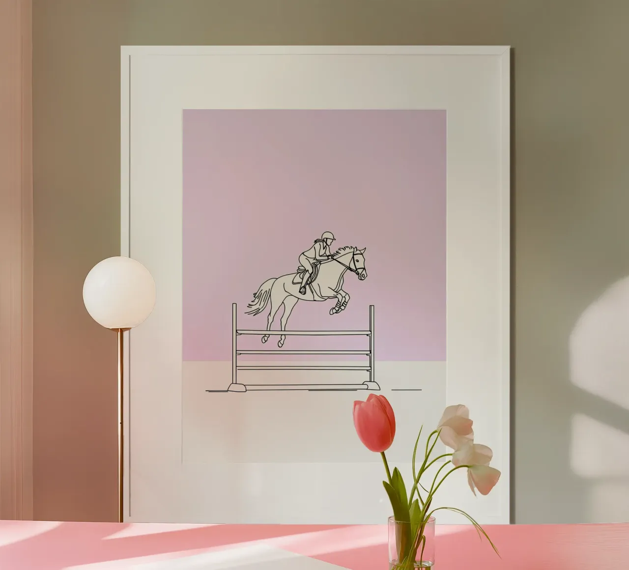 Cavaliere di cavallo Line Art minimalista poster con telaio in legno da Viv Line Art