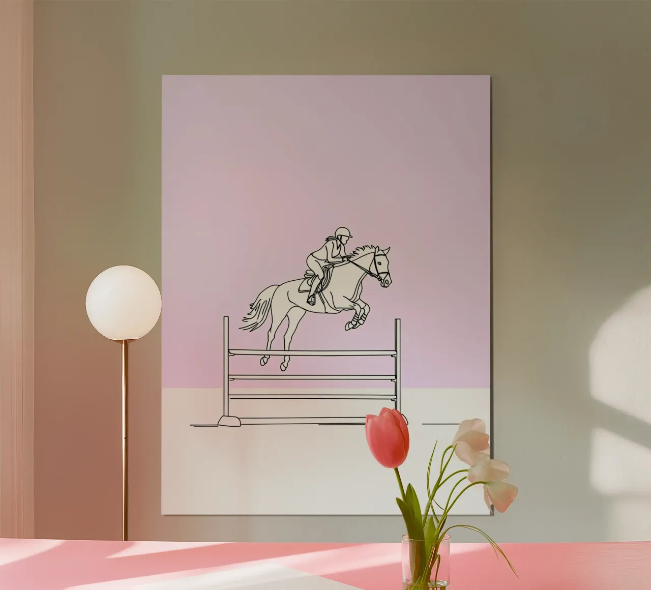 Cavaliere di cavallo Line Art minimalista poster con telaio in legno da Viv Line Art