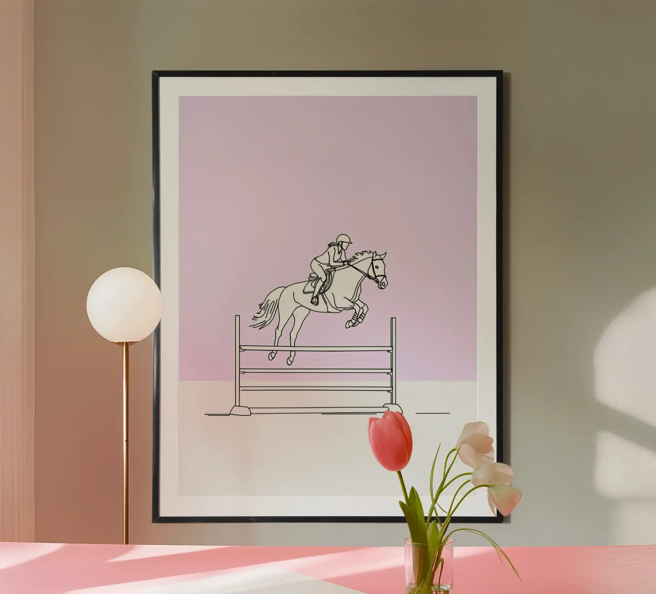Cavaliere di cavallo Line Art minimalista poster con telaio in legno da Viv Line Art