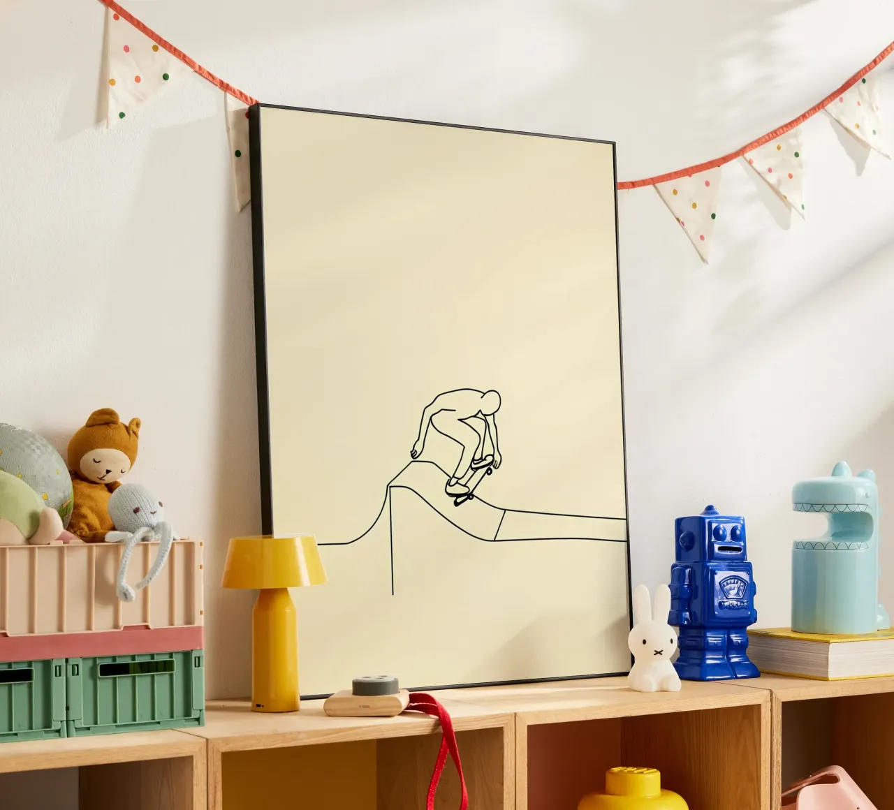 Arte lineare minimalista di uno skateboarder pannello forex da Viv Line Art