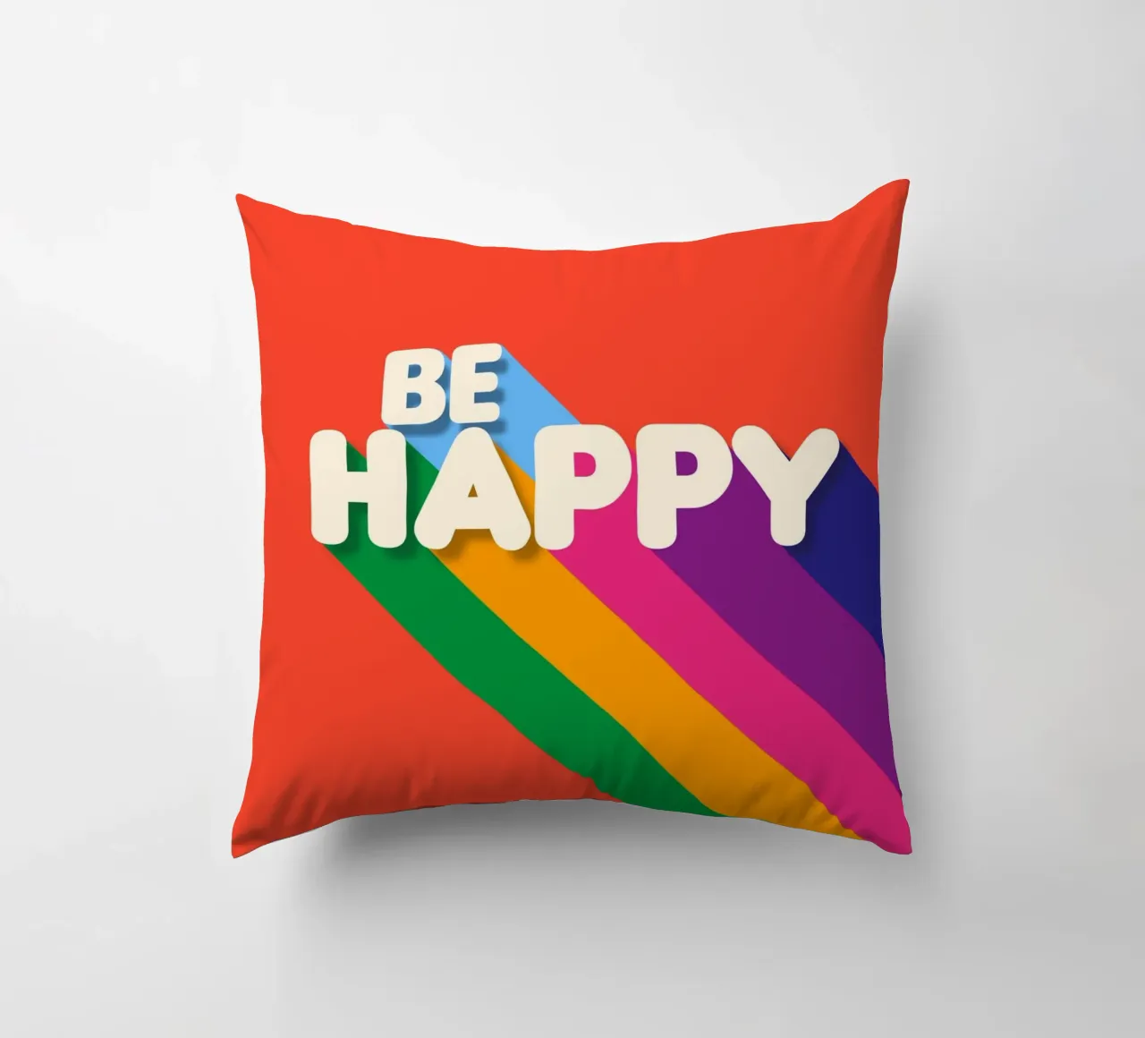 Be Happy Retro Rainbow Typography Art Print cuscino da showmemars