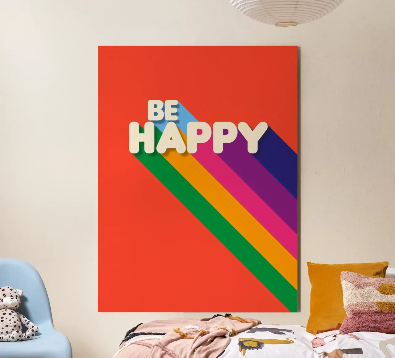 Be Happy Retro Rainbow Typography Art Print alluminio dibond da showmemars