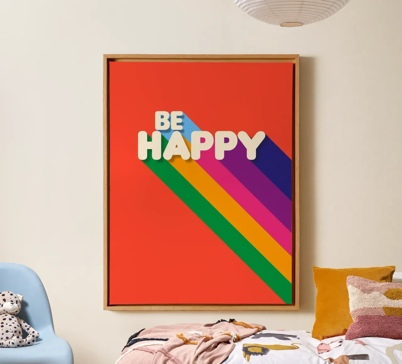 Be Happy Retro Rainbow Typography Art Print tela con Cornice a cassetta da showmemars