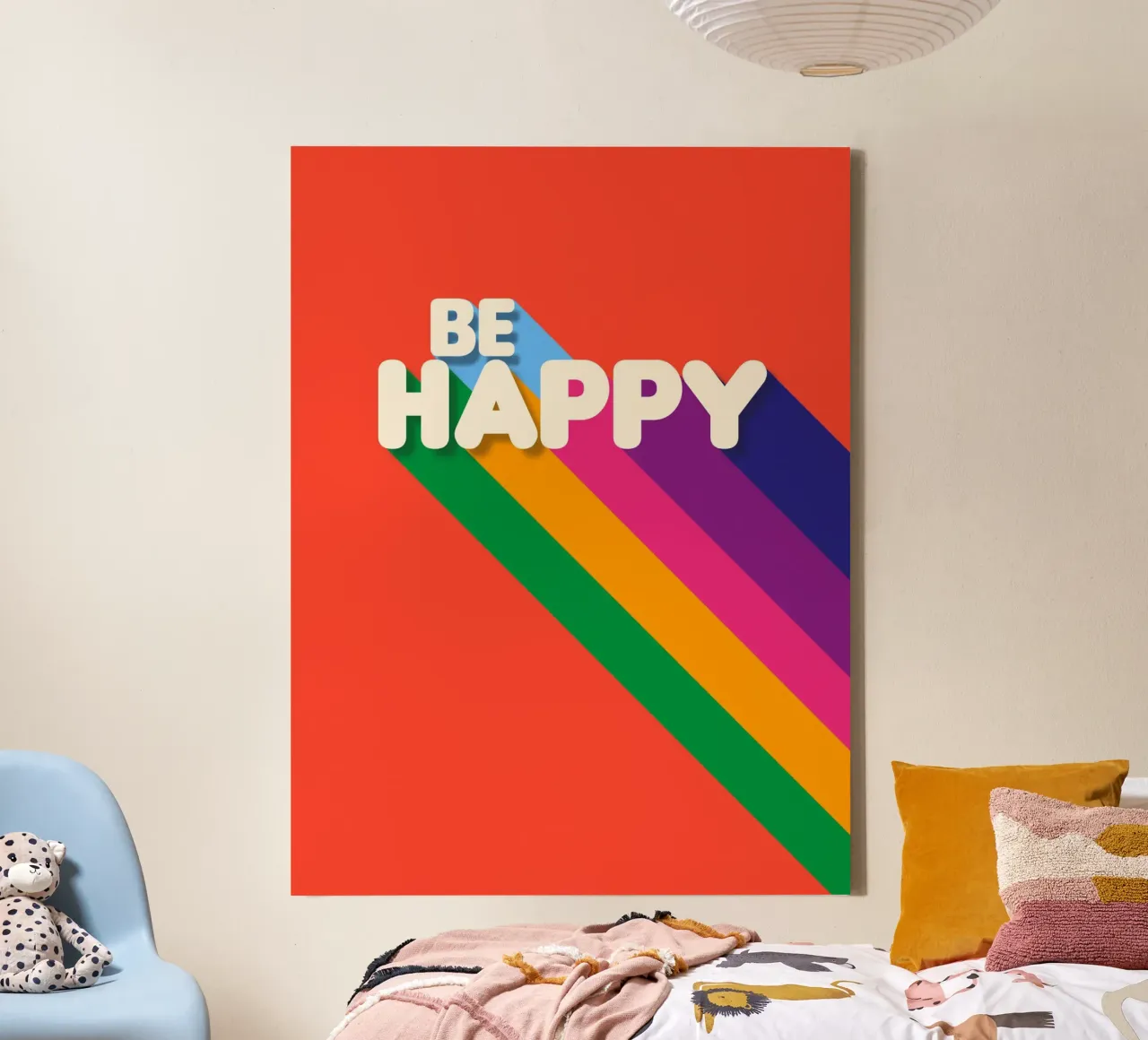 Be Happy Retro Rainbow Typography Art Print tela con Cornice a cassetta da showmemars