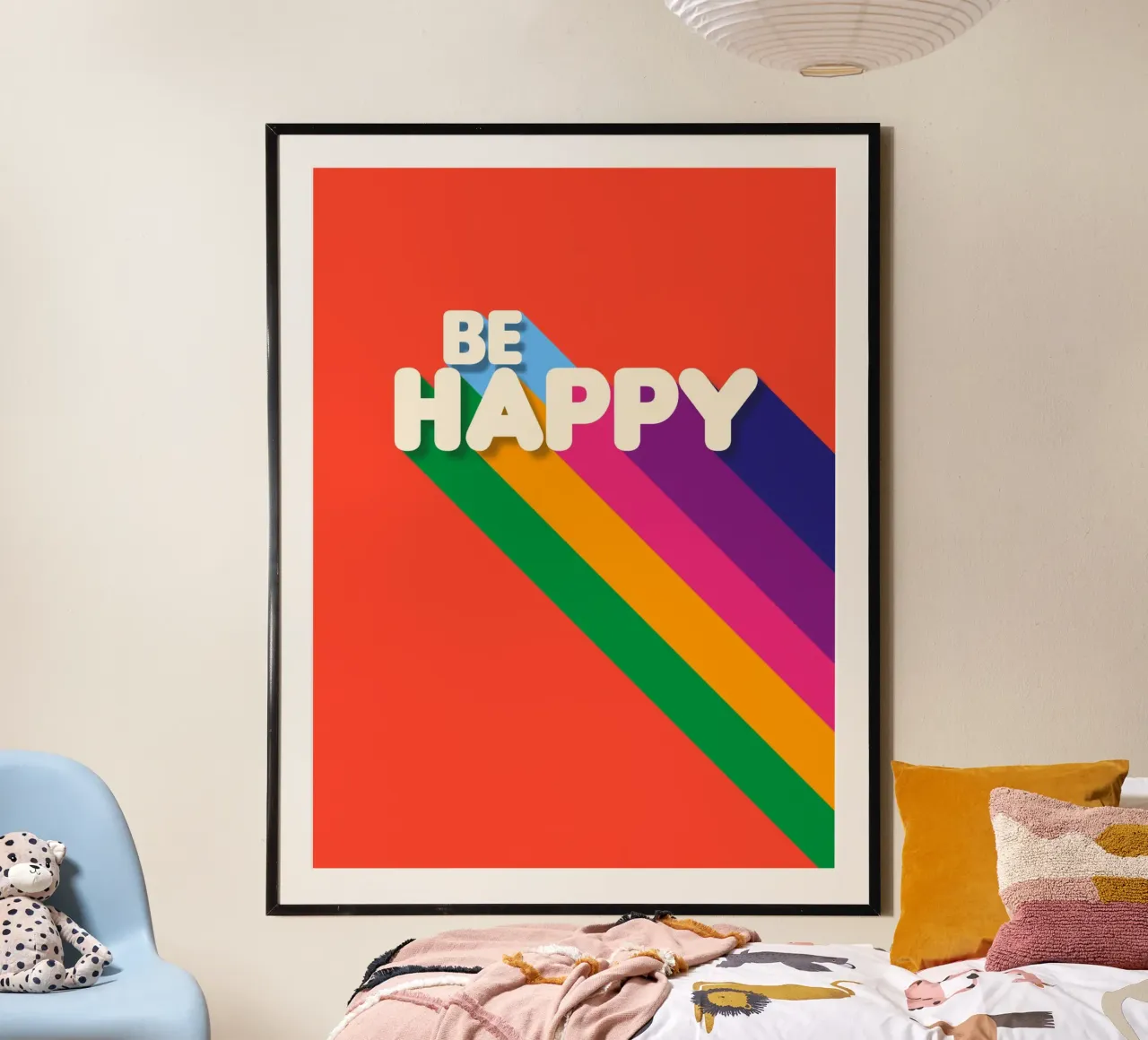 Be Happy Retro Rainbow Typography Art Print carta hahnemühle da showmemars