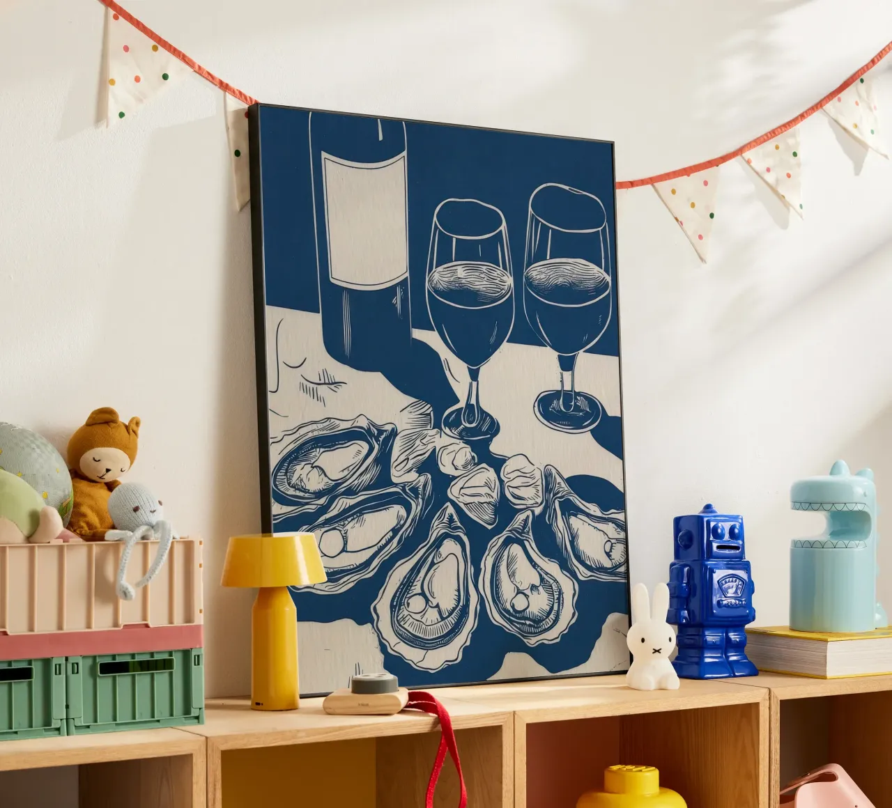 Ostriche e vino, cibo Neutro Blu Bianco alluminio dibond da Peaches Art Prints