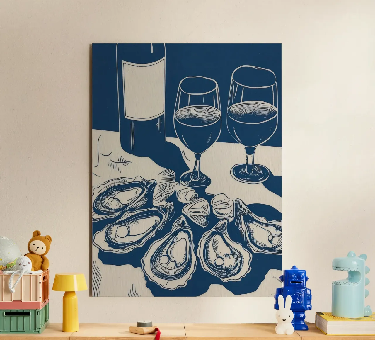 Ostriche e vino, cibo Neutro Blu Bianco alluminio dibond da Peaches Art Prints