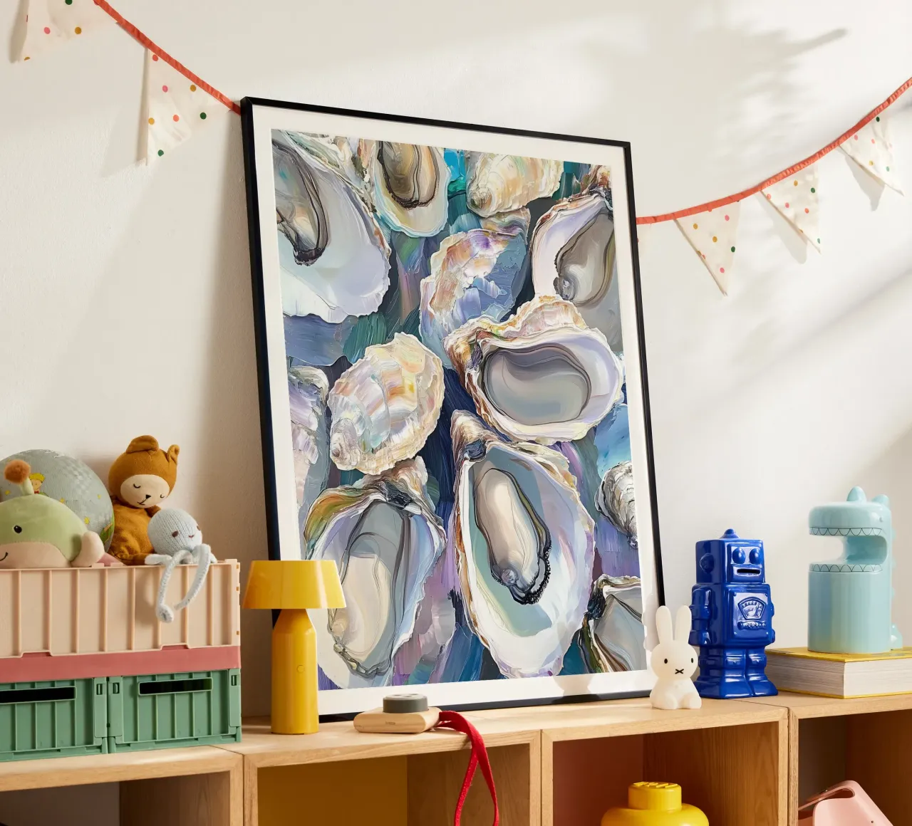 Austernschalenmalerei, Austernkunst, Meeresfrüchte Poster mit Holzrahmen von Peaches Art Prints