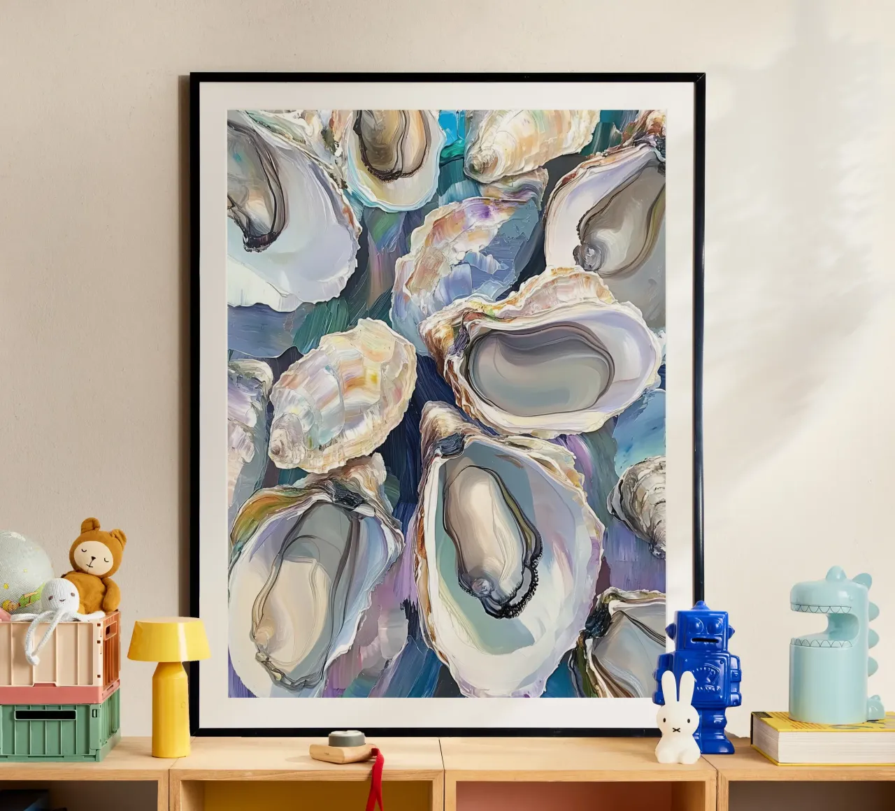 Austernschalenmalerei, Austernkunst, Meeresfrüchte Poster mit Holzrahmen von Peaches Art Prints