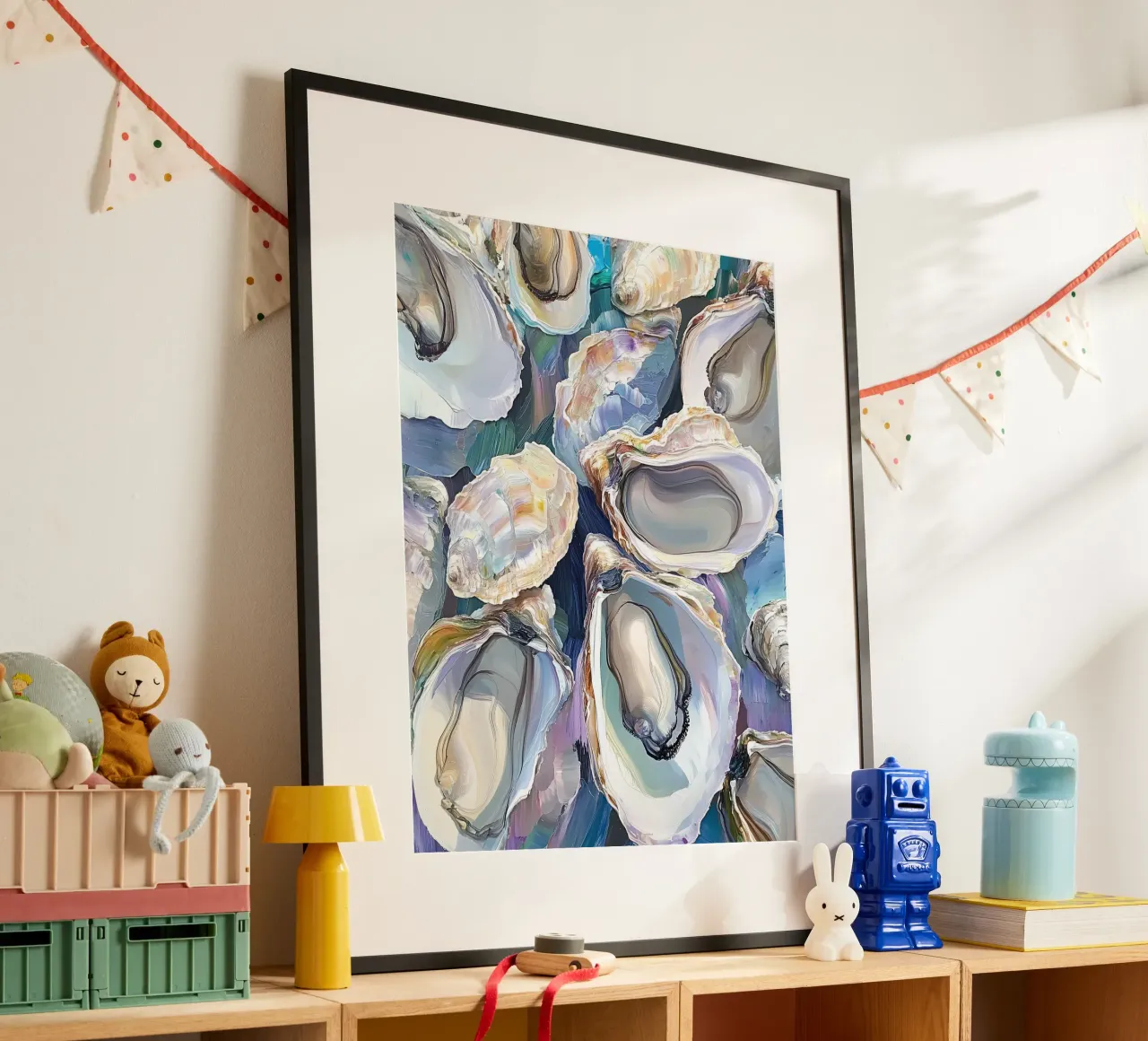 Austernschalenmalerei, Austernkunst, Meeresfrüchte Poster mit Holzrahmen von Peaches Art Prints