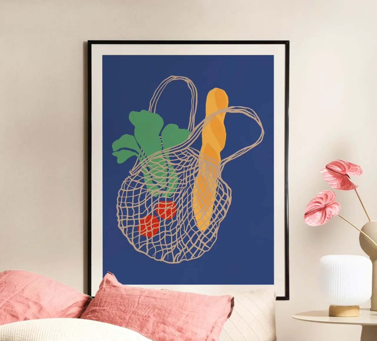 Borsa della spesa, Pane e verdure poster con telaio in legno da Peaches Art Prints