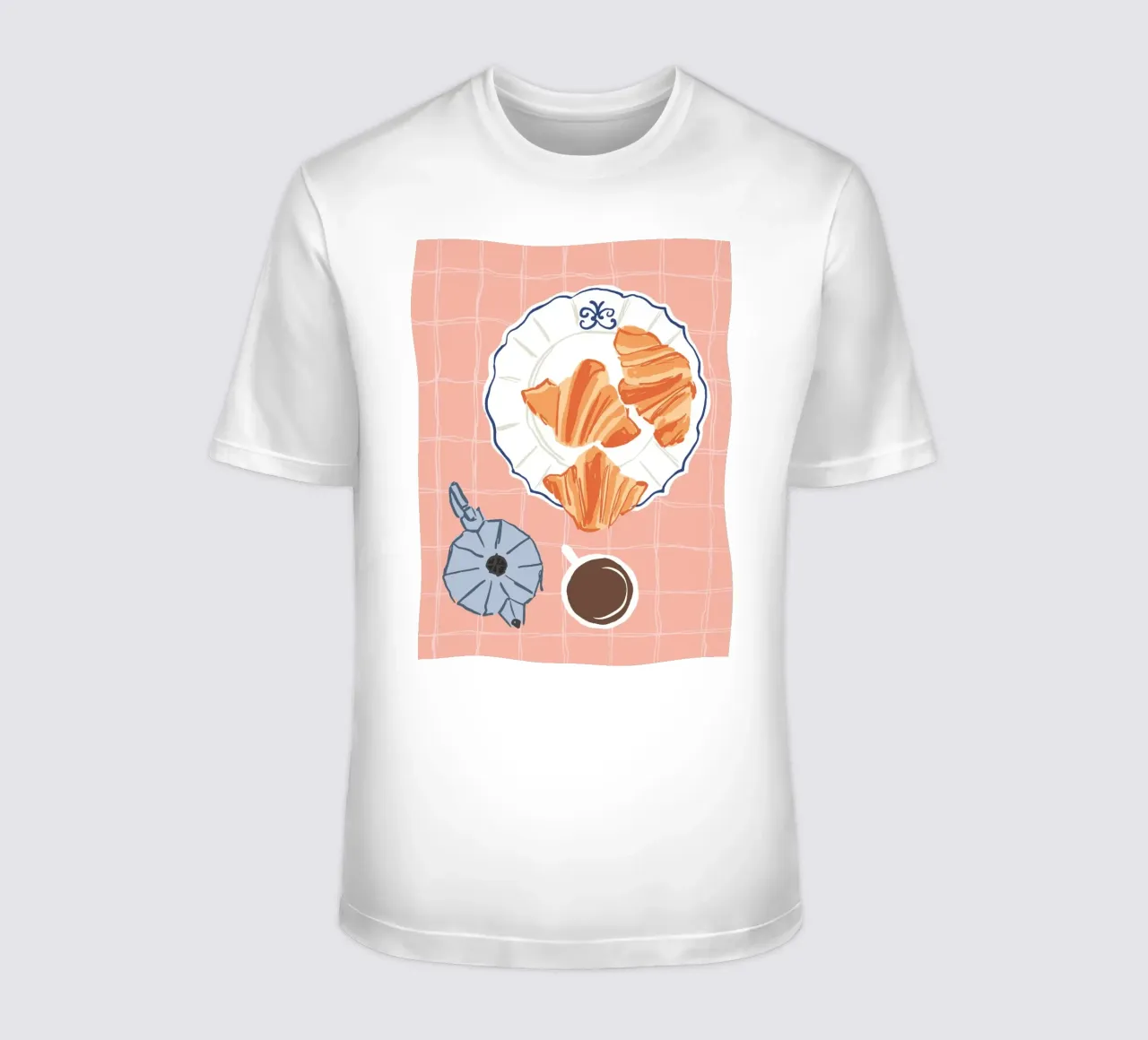 Illustrazione di caffè e croissant t-shirt da Peaches Art Prints