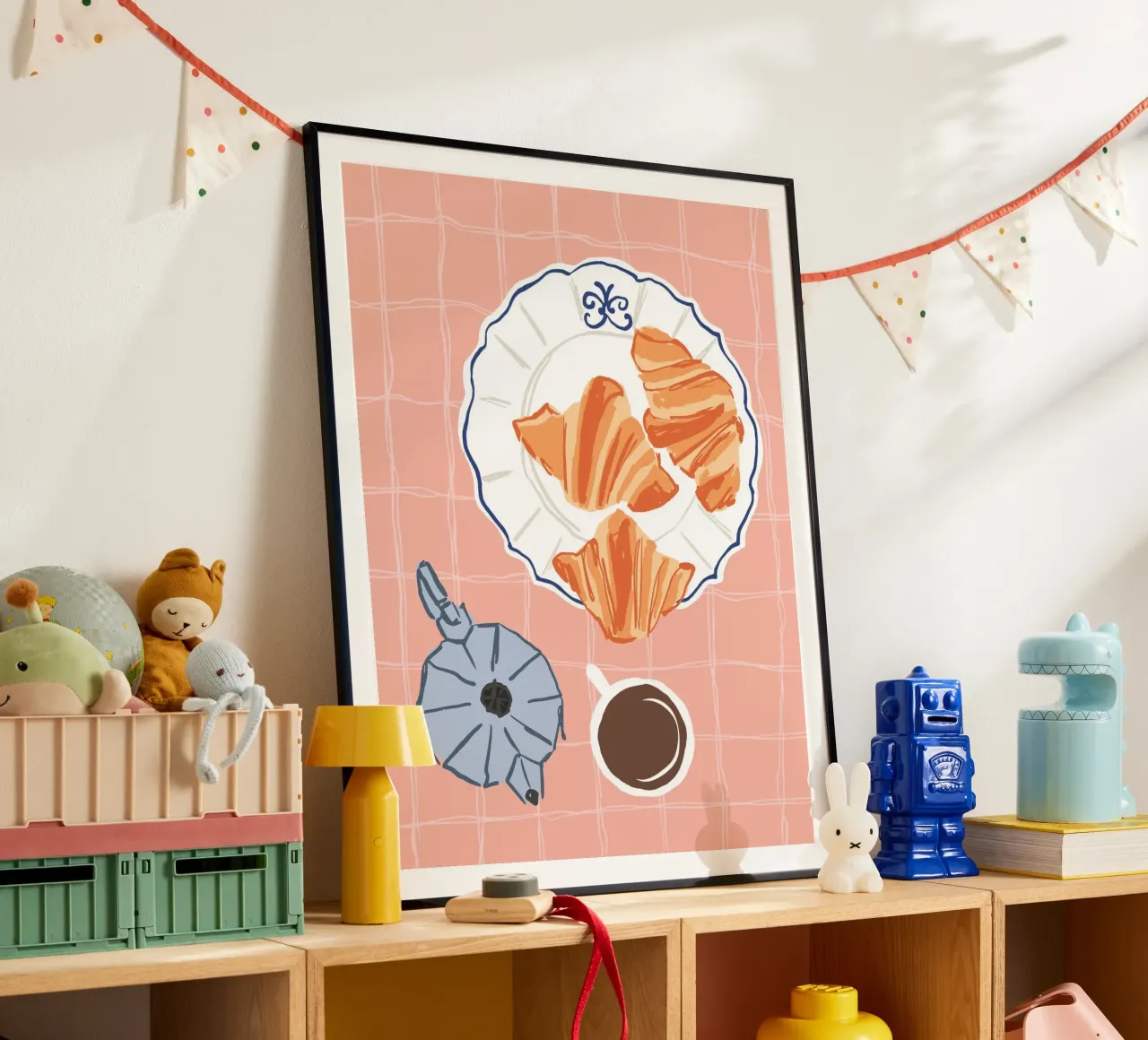 Illustrazione di caffè e croissant carta hahnemühle da Peaches Art Prints