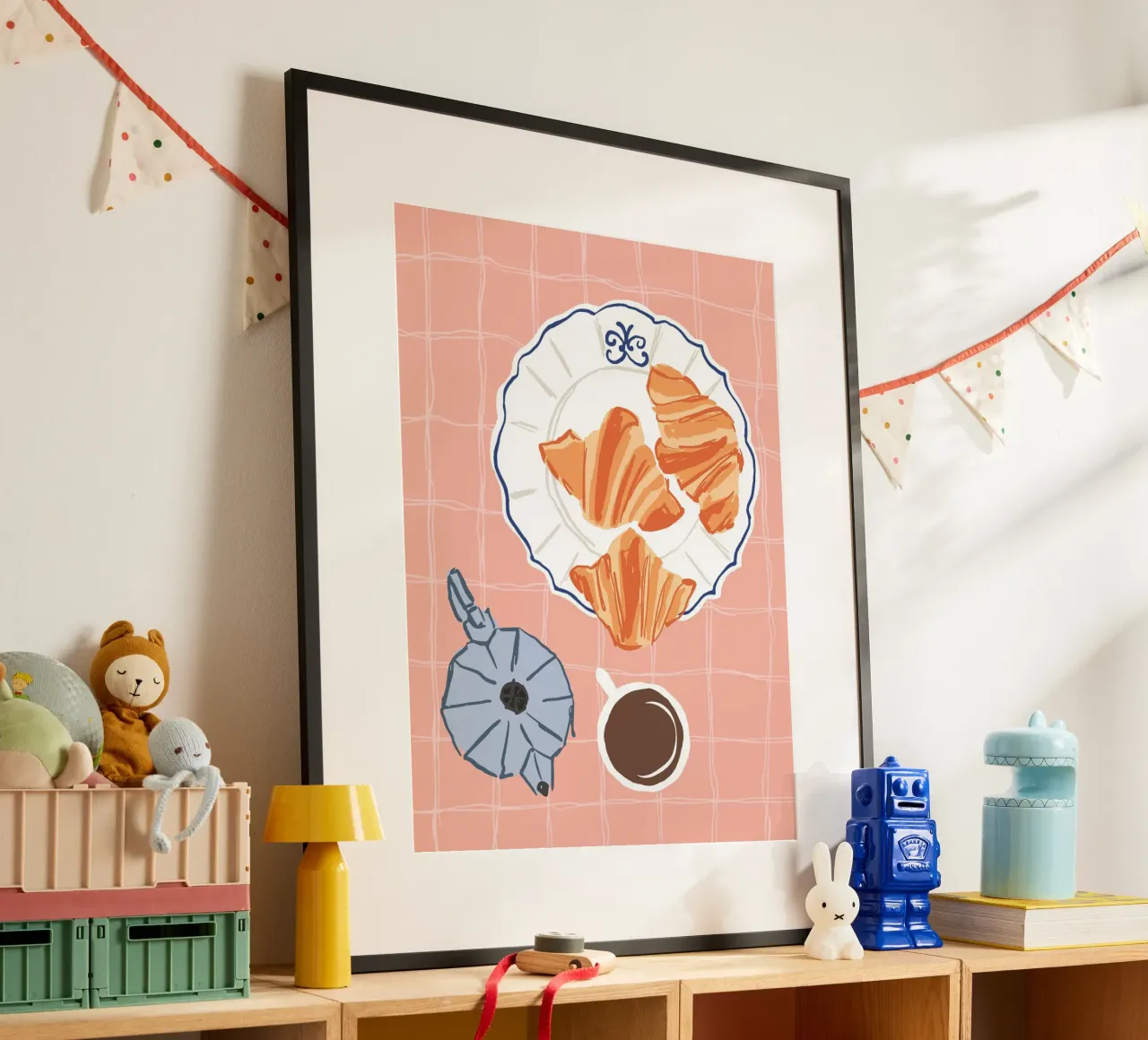 Illustrazione di caffè e croissant carta hahnemühle da Peaches Art Prints