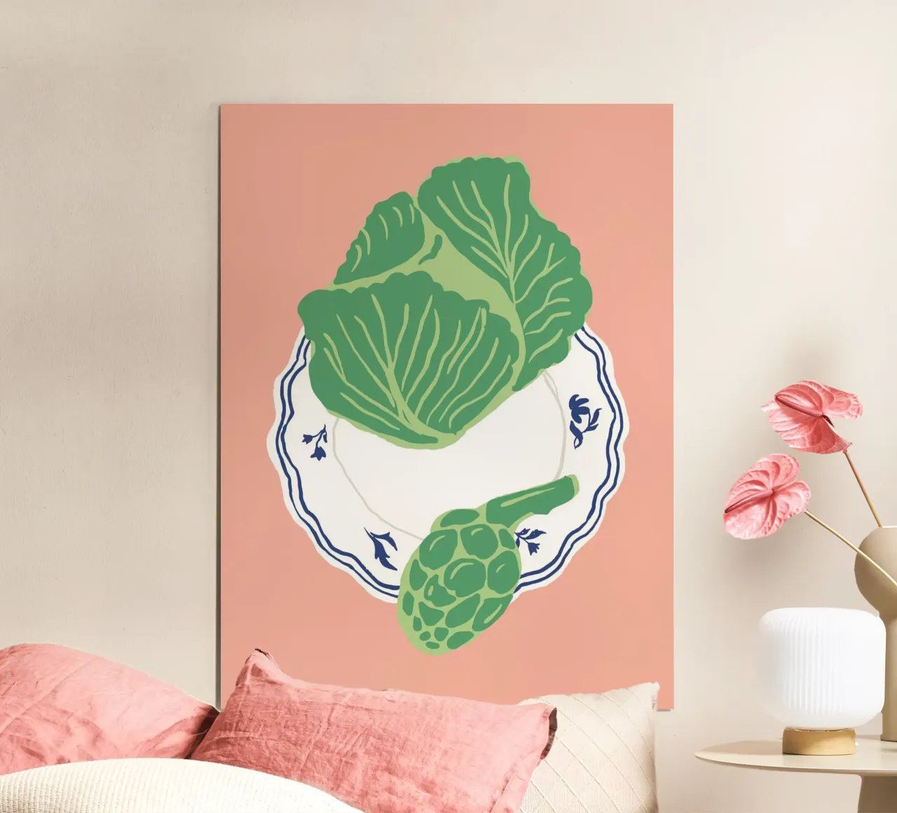 Lattuga e carciofo - Illustrazione alimentare di verdure poster con telaio in plastica da Peaches Art Prints
