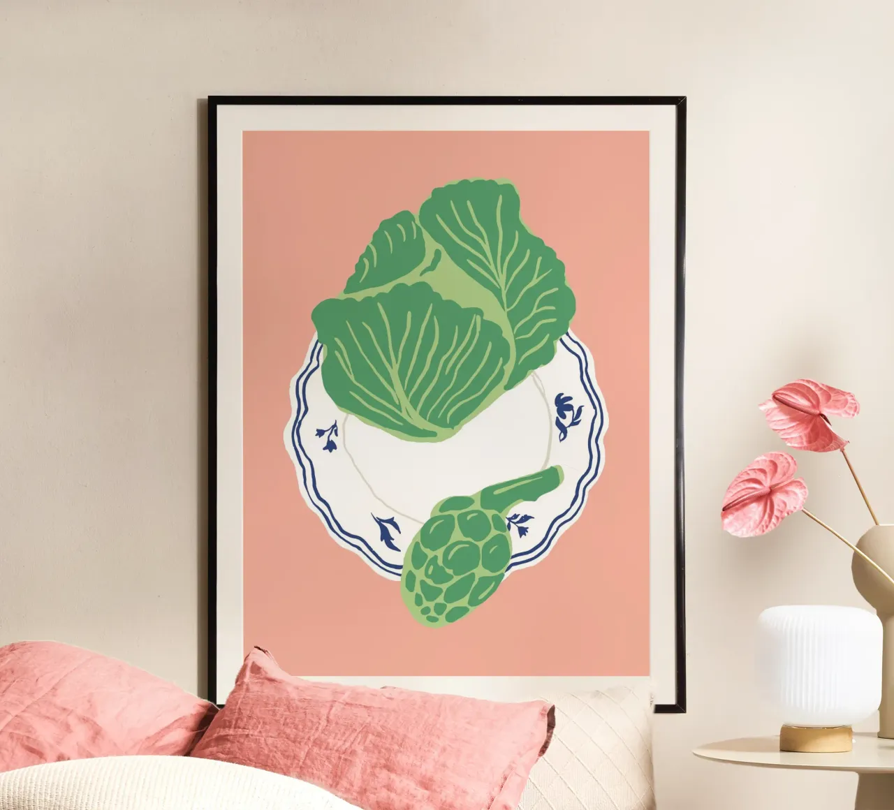 Lattuga e carciofo - Illustrazione alimentare di verdure poster con telaio in plastica da Peaches Art Prints