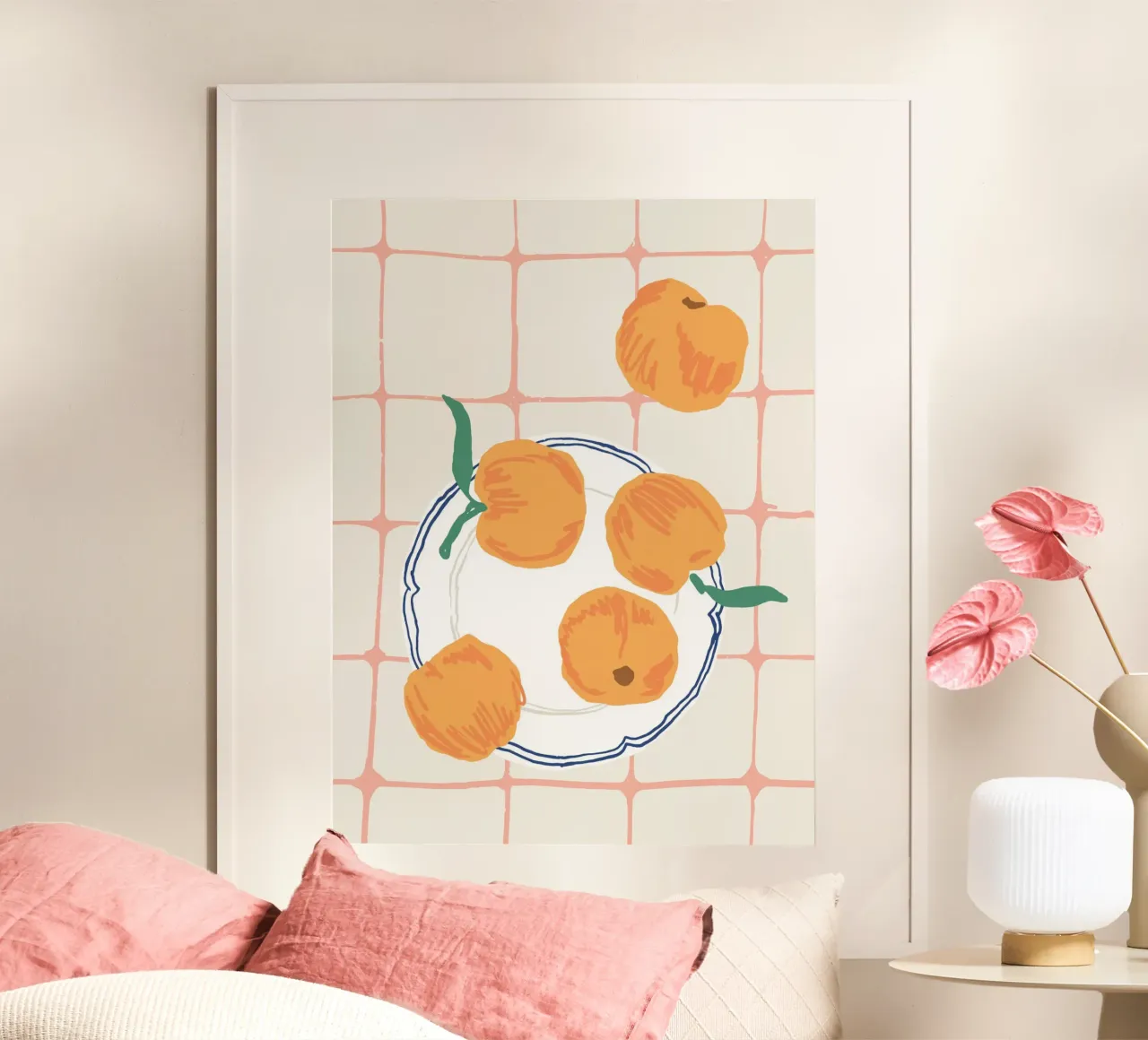 Piatto di pesche Illustrazione preppy carina poster con telaio in legno da Peaches Art Prints