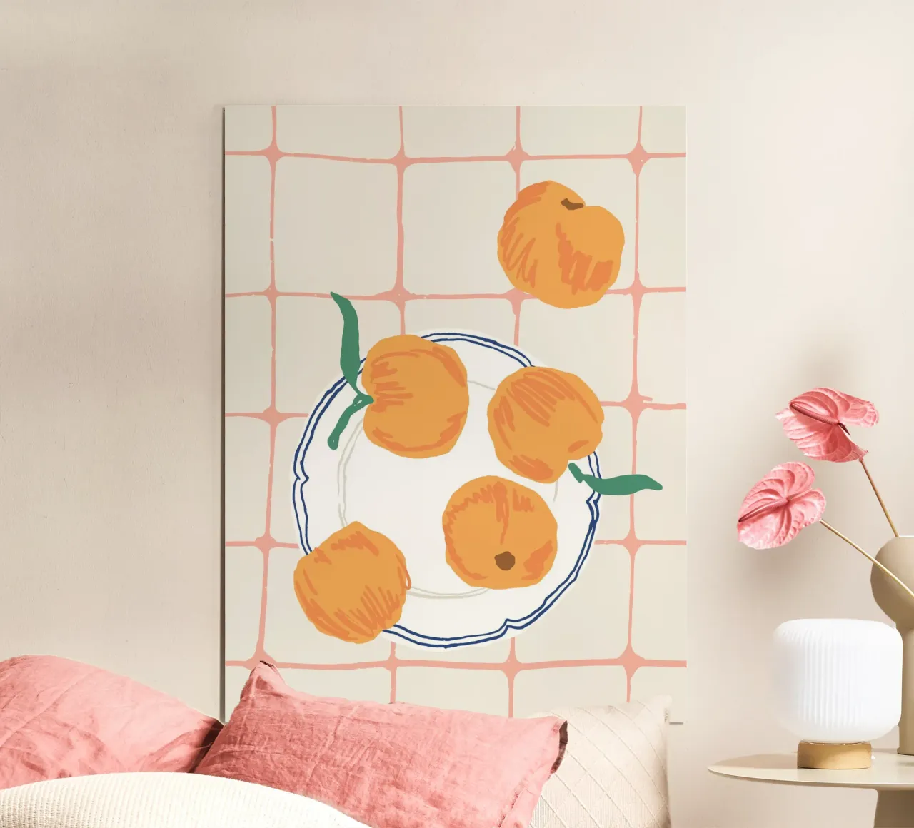 Piatto di pesche Illustrazione preppy carina poster con telaio in legno da Peaches Art Prints