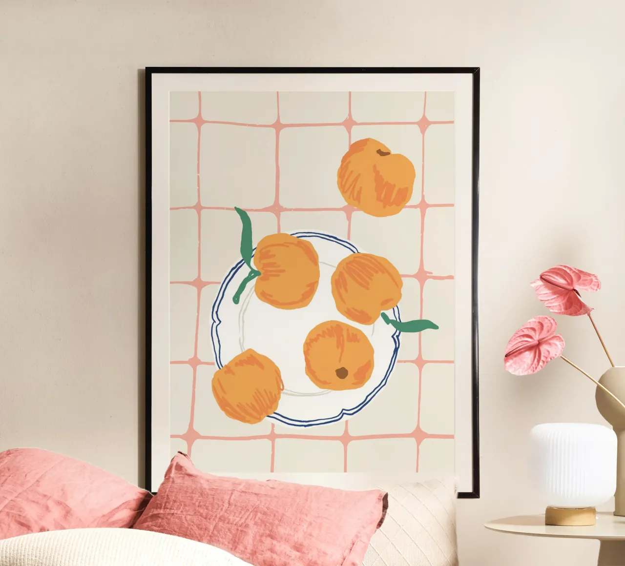 Piatto di pesche Illustrazione preppy carina poster con telaio in legno da Peaches Art Prints