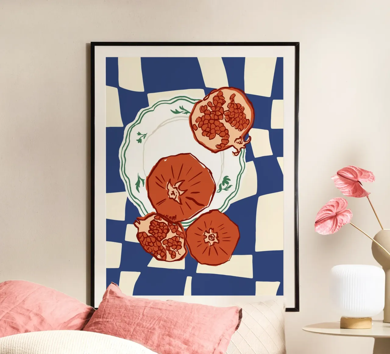 Granatapfelteller Lebensmittel Illustration Poster mit Aluminium Rahmen von Peaches Art Prints