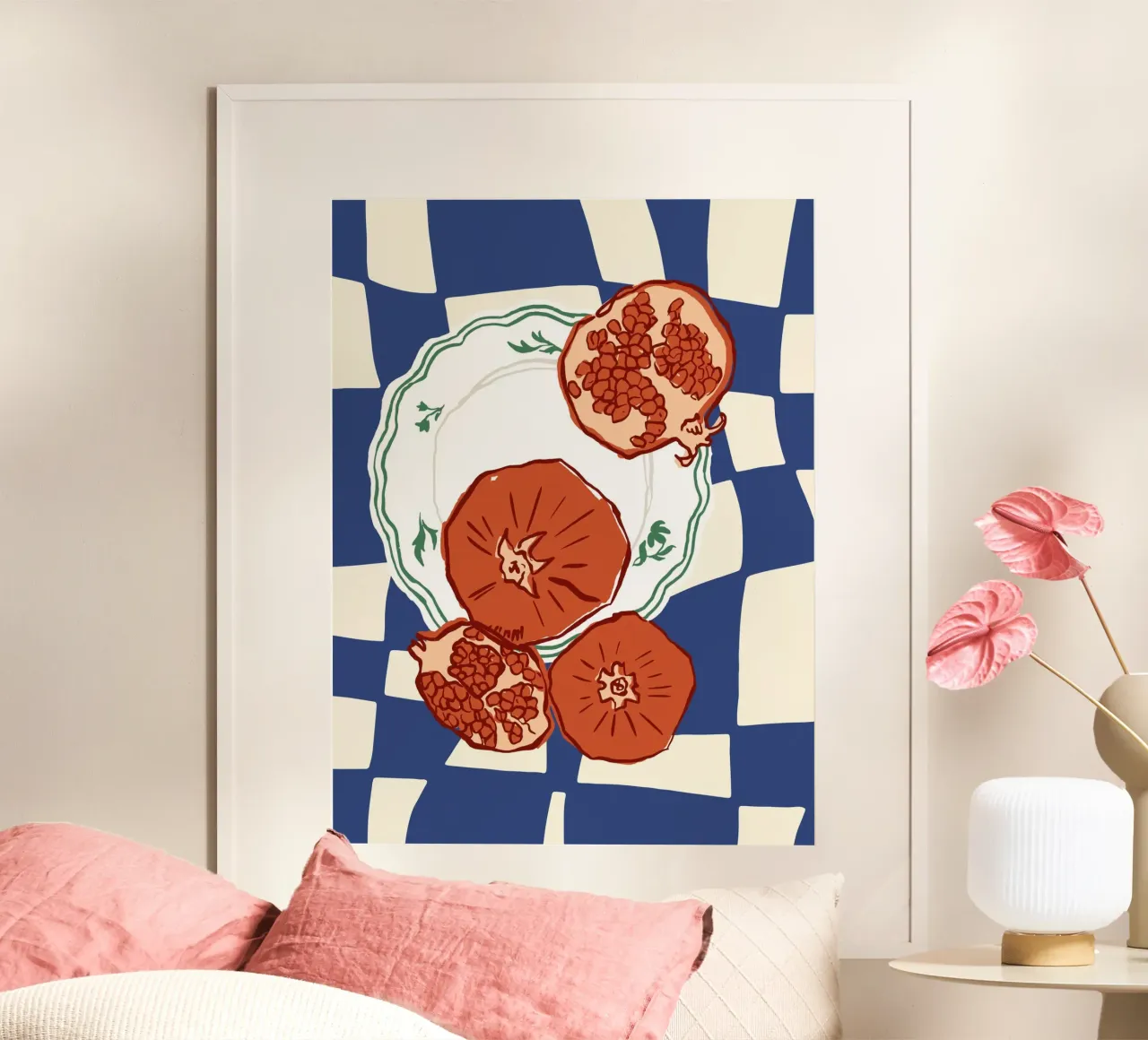Granatapfelteller Lebensmittel Illustration Poster mit Aluminium Rahmen von Peaches Art Prints