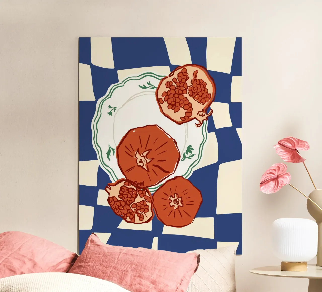 Granatapfelteller Lebensmittel Illustration Poster mit Aluminium Rahmen von Peaches Art Prints