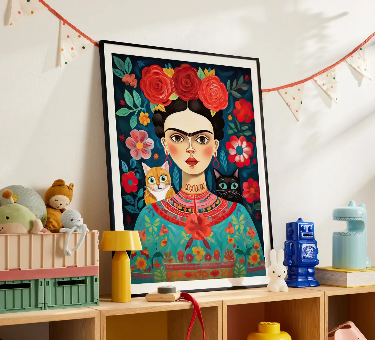 Frida Kahlo con gatti - Nero e arancione poster con telaio in plastica da Peaches Art Prints