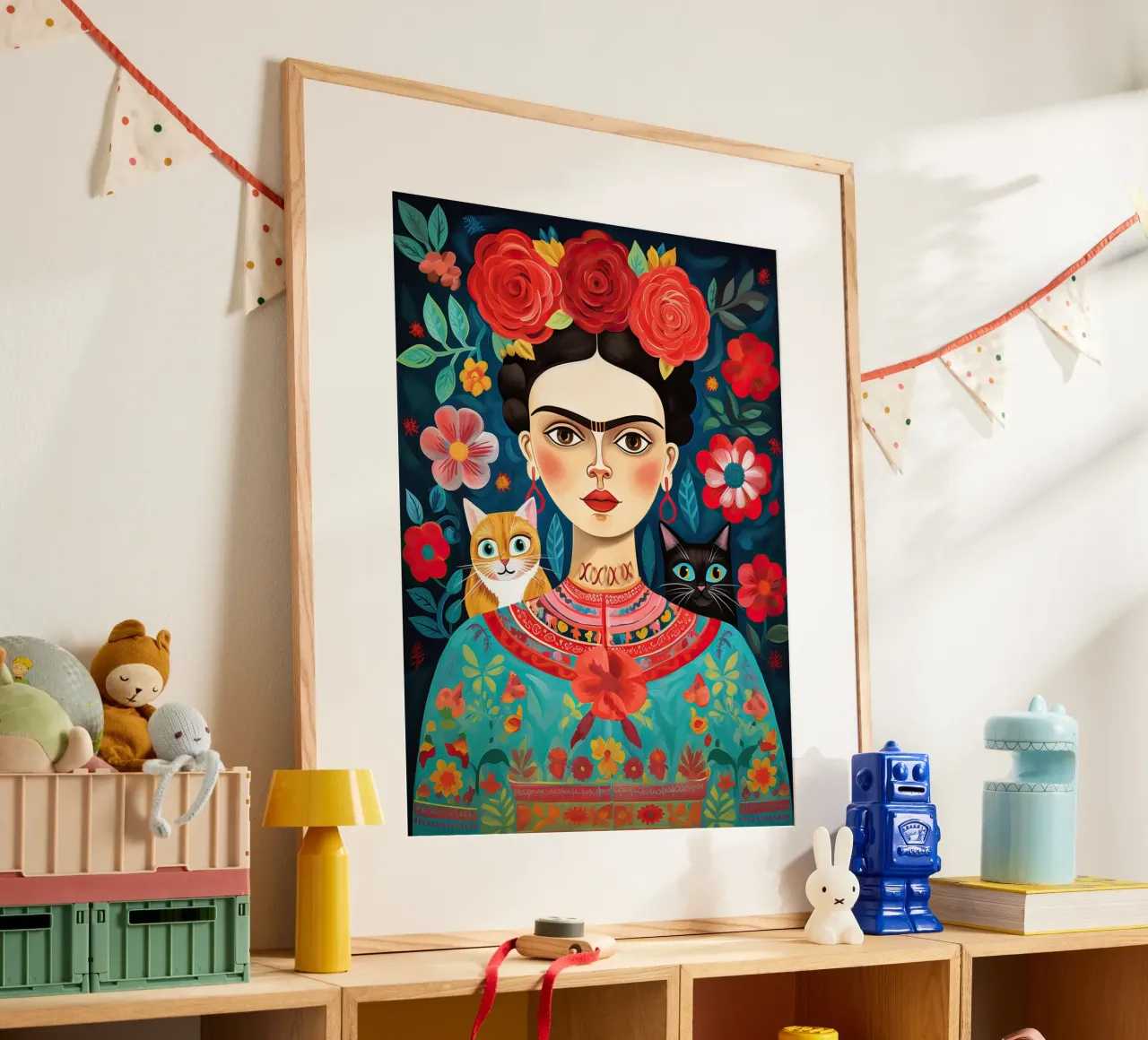 Frida Kahlo con gatti - Nero e arancione poster con telaio in plastica da Peaches Art Prints