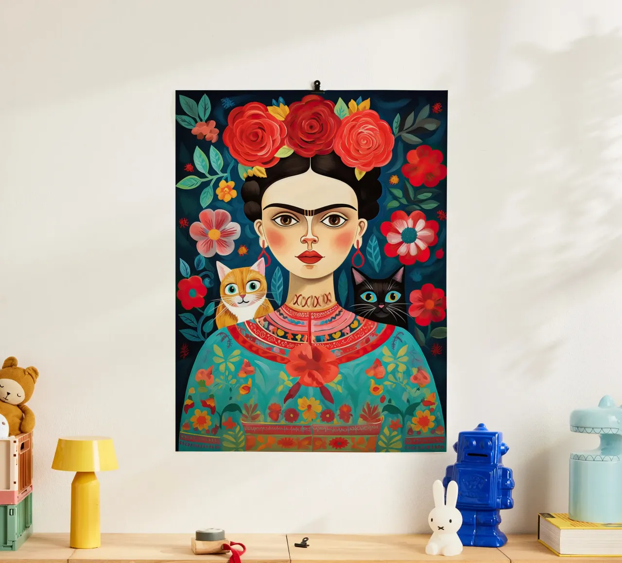 Frida Kahlo con gatti - Nero e arancione poster con telaio in plastica da Peaches Art Prints